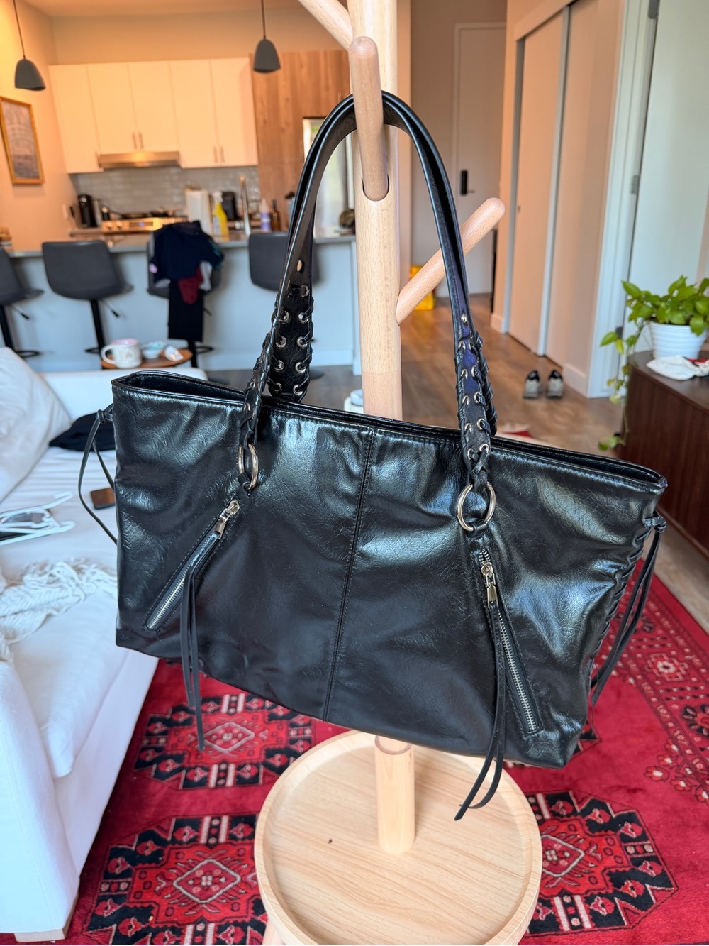 Zara Black Leather Tote with Studded Strap Details